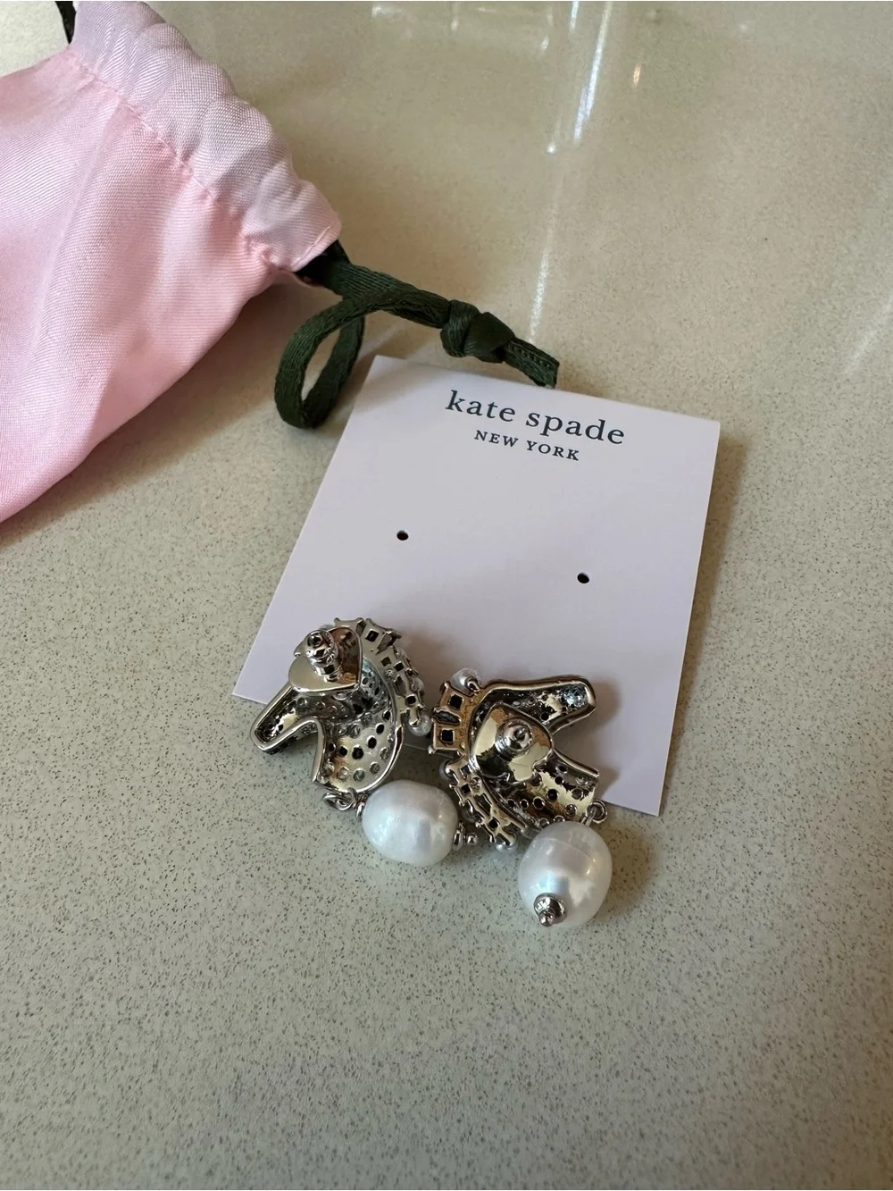 kate spade Silver Zebra Head Earrings with White Pearl Drops